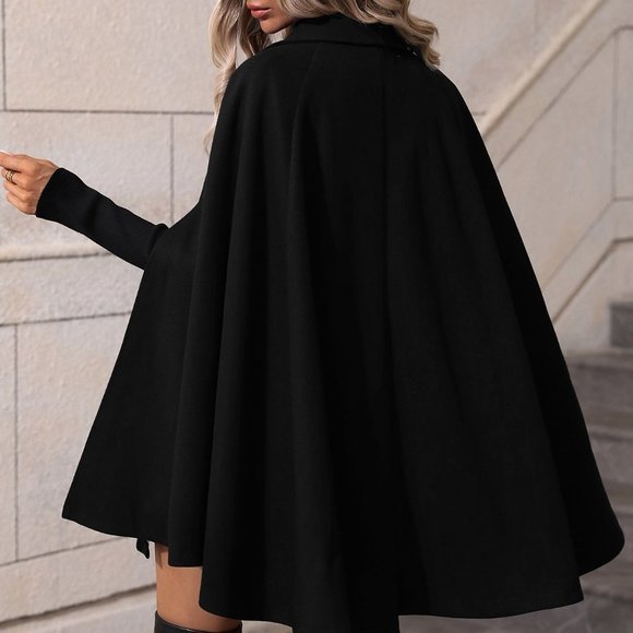 Double Breasted Cloak Sleeve Cape Overcoat Black - Picture 3 of 5
